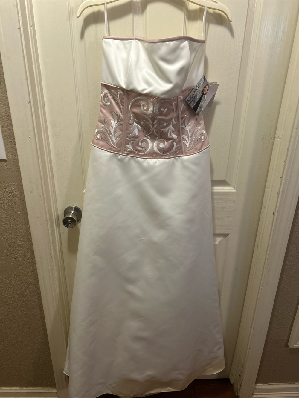 Strapless White Satin Wedding Dress with Pink Embroidered Waist size 8 evening